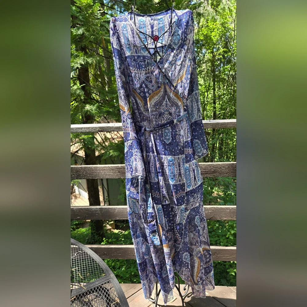 Blue paisley flutter sleeve sheer cover up wrap dress szXL - Picture 2 of 7
